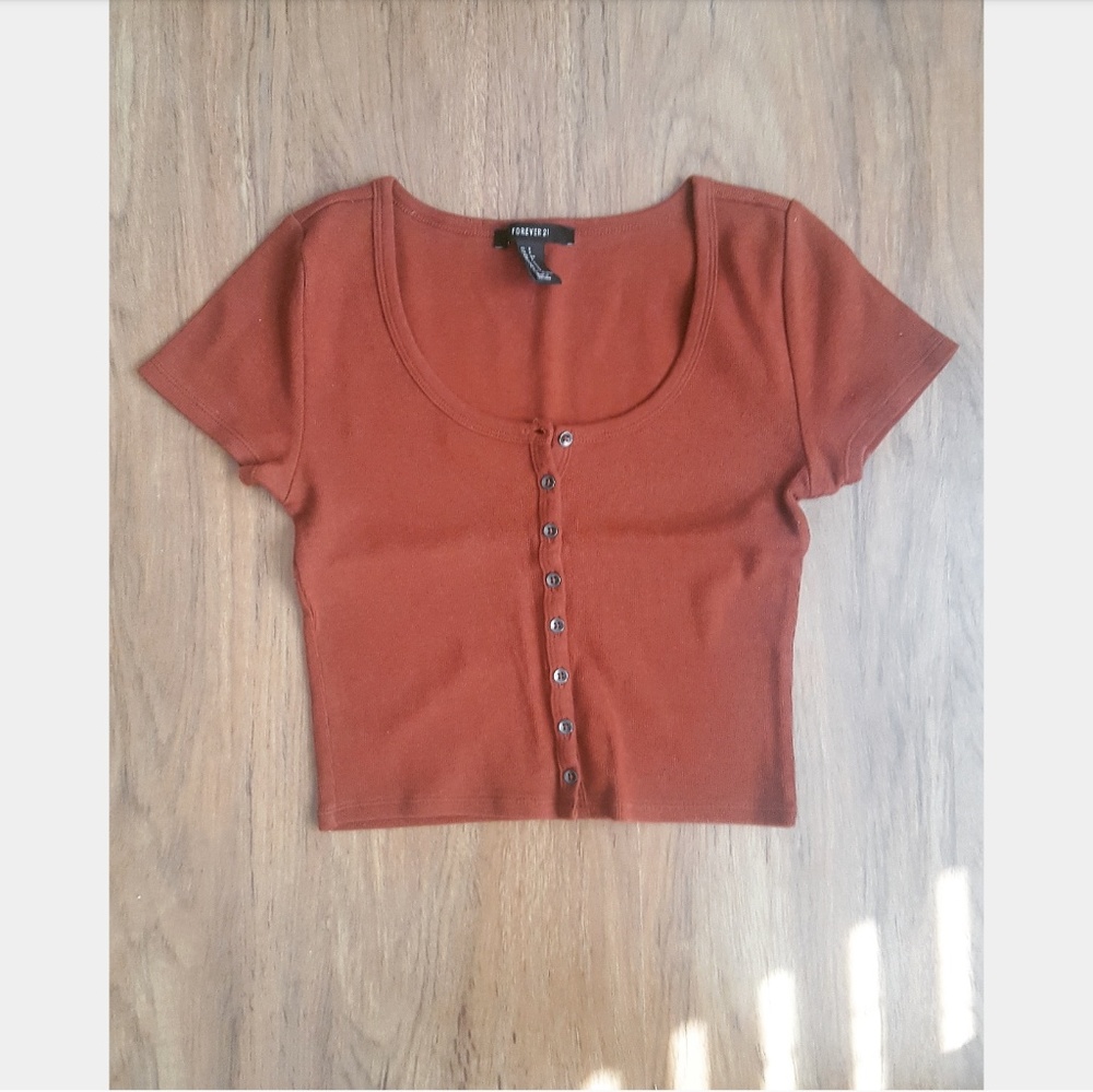 Rustic Ribbed Burnt Orange Button Down Crop